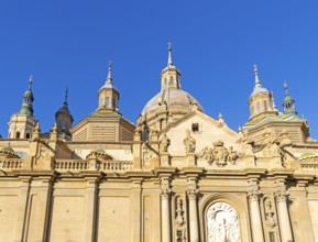 Towers and domes on roof of Basilica of Our Lady of the Pillar cathedral church, Zaragoza, Aragon,