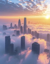 City scape emerging from a dense enveloping fog in sunrise and skyscrapers piercing the haze, big