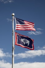 Alcova, Wyoming - The flags of the United States and the state of Wyoming fly at the Independence