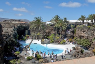 View from elevated position of pool designed by César Manrique Swimming pool in art venue cultural