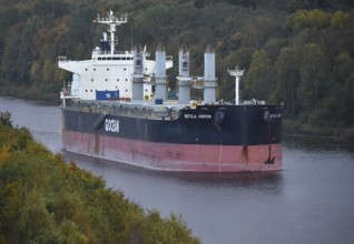 Freighter BETUAL ARROW sails in autumn in the Kiel Canal, NOK, Kiel Canal, Kiel Canal,