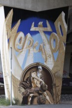 Gerhard Mercator graffiti on a concrete pillar of the A59, famous geographer of the 16th century,