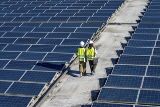 Engineers wearing safety helmets and vests assessing the performance of solar panels on a large