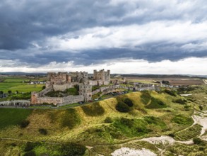 Bamburgh Castle from a drone, Northumberland, Northeast Coast, England, United Kingdom