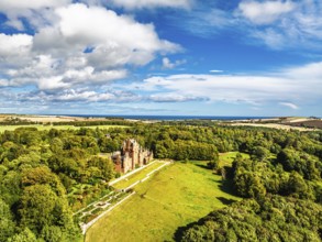 Ayton Castle from a drone, Ayton, Eyemouth, Scottish Borders, Scotland, UK