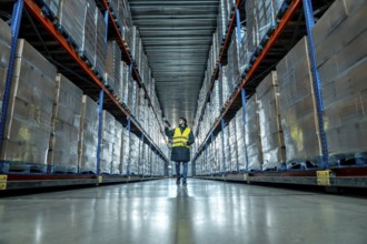Male worker wearing a safety vest and warm clothing scanning inventory barcodes in a large aisle of