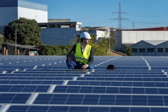 Engineer in a hard hat and high visibility vest inspecting solar panel rows on a large rooftop