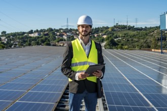 Engineer in hard hat and safety vest standing on a rooftop of solar panels holding a clipboard,