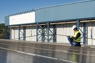 Engineer wearing a hard hat and safety vest, crouching on a rooftop full of solar panels, using a