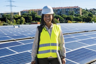 Smiling female engineer standing on a rooftop full of solar panels, wearing a hard hat and safety