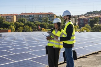 Two engineers wearing hard hats and safety vests reviewing documents on a tablet and clipboard,