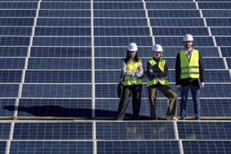 Engineers in hard hats and vests working on a vast solar panel installation, representing