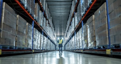 Worker in protective clothing examining packed goods and managing inventory within a vast,