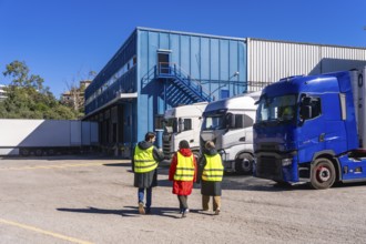 Three workers wearing safety vests walking towards a blue industrial building with multiple semi