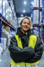 Woman wearing a warm jacket, safety vest, and protective clothing smiling and looking at the camera