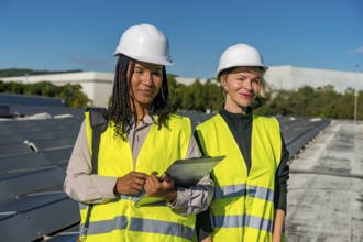 Two women engineers wearing safety vests and hard hats standing on a rooftop with solar panels,