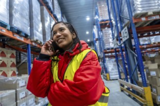 Woman worker smiling while talking on a mobile phone, wearing warm workwear in a vast cold storage