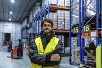 Worker smiling at the camera, holding an inventory scanner while standing in a cold storage