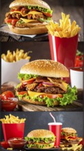 Collage of various fast food meals. beagles, hamburger, cheeseburger, french fries and a view green