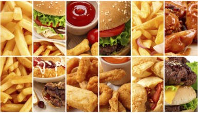 Collage of various fast food meals. beagles, hamburger, cheeseburger, french fries and a view green