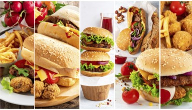 Collage of various fast food meals. beagles, hamburger, cheeseburger, french fries and a view green