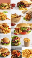 Collage of various fast food meals. beagles, hamburger, cheeseburger, french fries and a view green