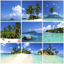 Collage of tropical islands with beach and palm trees, paradise with blue cloudy sky, turquoise