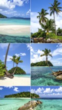 Collage of tropical islands with beach and palm trees, paradise with blue cloudy sky, turquoise