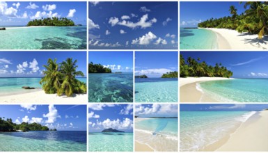 Collage of tropical islands with beach and palm trees, paradise with blue cloudy sky, turquoise