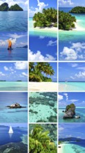 Collage of tropical islands with beach and palm trees, paradise with blue cloudy sky, turquoise
