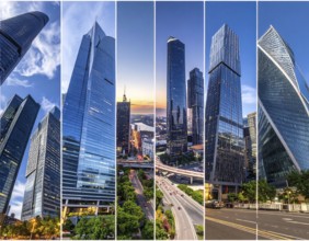 Collage of skyscrapers of a metropolitan city, various skylines with different blue sky in sunset,