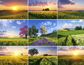 Collage of spring and summer landscapes, blooming flowers, green meadows and trees, hilly landscape