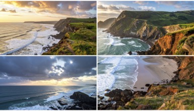 Collage of coastal landscapes with cliffs and shore break, spectacular nature, cloudy sky with