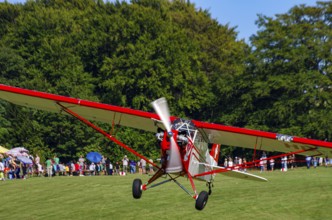 A Piper J-3C/L4 Cub light aircraft, HB-OBF registration, during a flight demonstration as part of