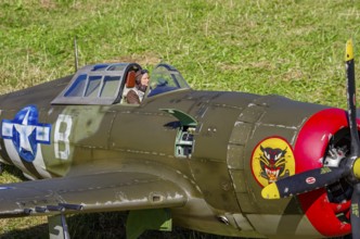 An RC model of a Republic P-47 Thunderbolt during a demonstration as part of an air show at the