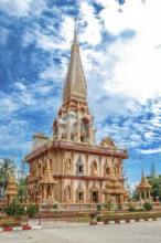 Pagoda with high point pointed tower in Wat Chalong pilgrimage site, Wat Chaithararam, Phuket