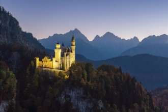 Romantic Neuschwanstein Castle at dusk in front of Bergen, Schwangau near Füssen, Ostallgäu,