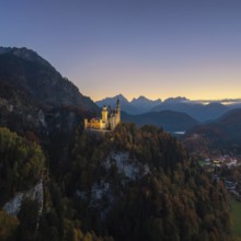 Illuminated Neuschwanstein Castle sits majestically on a wooded hill surrounded by mountains at