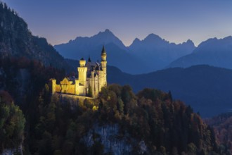 Romantic Neuschwanstein Castle on a hill, illuminated at dusk, with mountains in the background,
