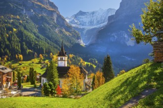 Village church in the town center with fieschörner 4049m in autumn, Grindelwald, Lütschinental,