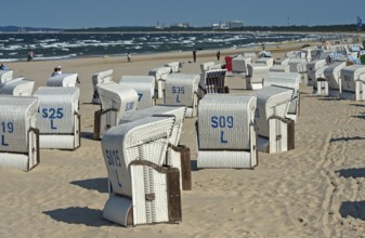Beach chairs on the sandy beach of the seaside resort of Ahlbeck, Usedom Island,
