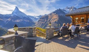 Sun terrace at mountain house on the Sunnegga with Matterhorn 4478 m, Zermatt, Mattertal, Valais,