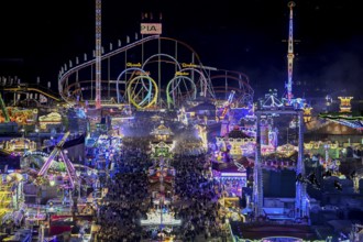 View of Oktoberfest from St. Paul's Catholic Church, Blue Hour, Munich, Bavaria, Germany