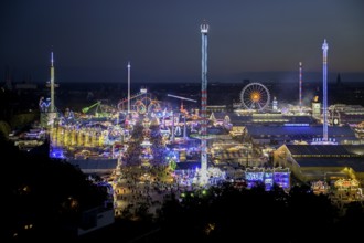 View of Oktoberfest from St. Paul's Catholic Church, Blue Hour, Munich, Bavaria, Germany