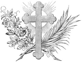 End of the Gospel of Matthew, cross, rays of light, palm branch, flowers, New Testament, Bible,