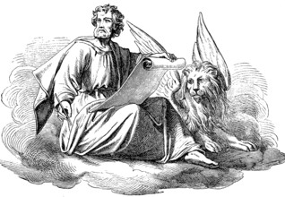 Start of the Gospel of Mark, Apostle Saint Mark, lion with wings, Mark's lion, scroll, pen, cloud,