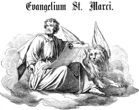 Start of the Gospel of Mark, Apostle Saint Mark, lion with wings, Mark's lion, scroll, pen, cloud,