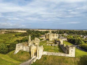 Warkworth Castle over River Coquet from a drone, Warkworth, Northumberland, England, United Kingdom