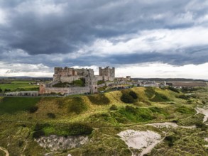 Bamburgh Castle from a drone, Northumberland, Northeast Coast, England, United Kingdom