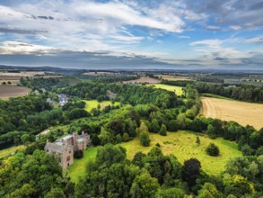 Hutton Castle from a drone, Whiteadder Water, Chirnside, Scottish Borders, UK